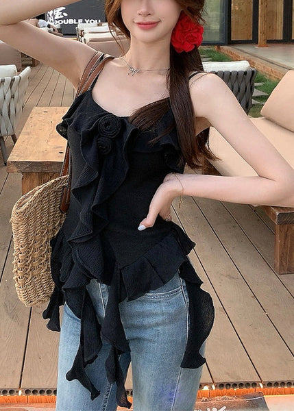 Black Ruffled Cotton Spaghetti Strap Tank Asymmetrical Summer EE1053 SH-LF-VTP240517