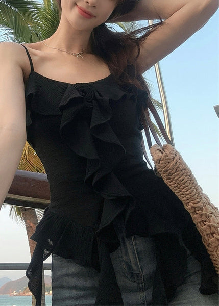 Black Ruffled Cotton Spaghetti Strap Tank Asymmetrical Summer EE1053 SH-LF-VTP240517