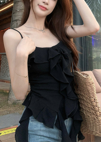 Black Ruffled Cotton Spaghetti Strap Tank Asymmetrical Summer EE1053 SH-LF-VTP240517