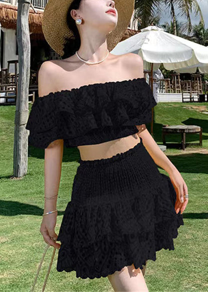 Black Ruffled Cotton Two Piece Suit Set Slash Neck Short Sleeve EE1047 SH-LF-TPIEC240517