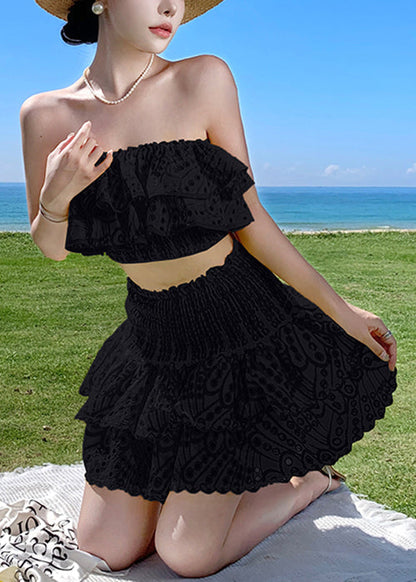 Black Ruffled Cotton Two Piece Suit Set Slash Neck Short Sleeve EE1047 SH-LF-TPIEC240517