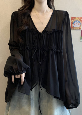 Chiffon Neck V Lace Up Ruffled Blouses Black Fall FashionChic