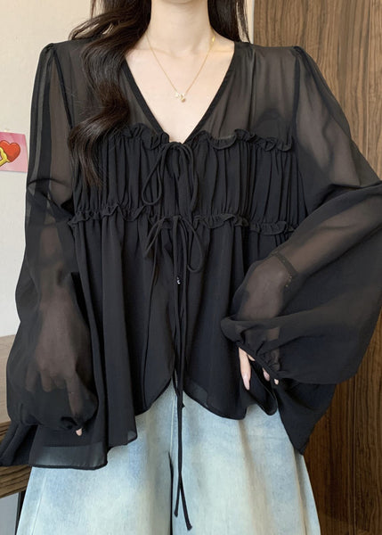 Chiffon Neck V Lace Up Ruffled Blouses Black Fall FashionChic