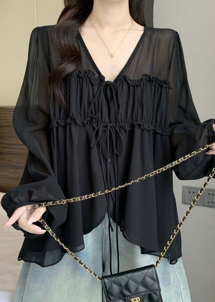 Chiffon Neck V Lace Up Ruffled Blouses Black Fall FashionChic