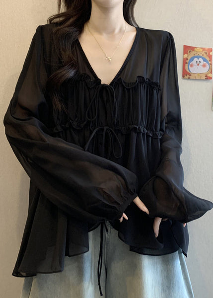 Chiffon Neck V Lace Up Ruffled Blouses Black Fall FashionChic