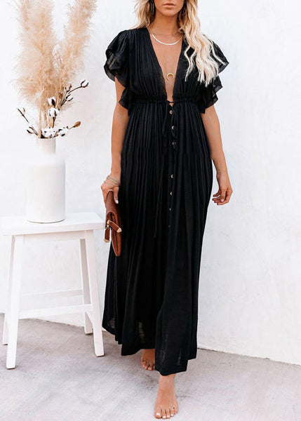 Black Patchwork Long Summer Dress Solid Ruffled FashionChic