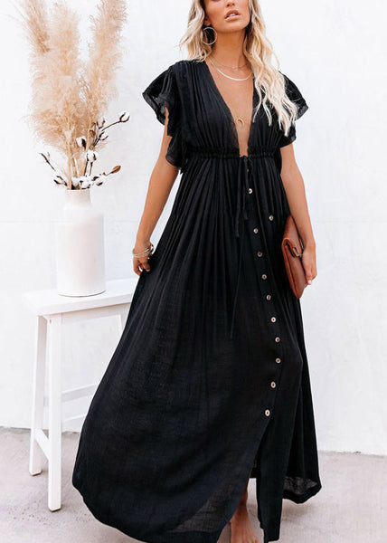 Black Patchwork Long Summer Dress Solid Ruffled FashionChic