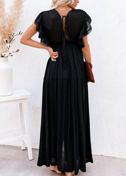 Black Patchwork Long Summer Dress Solid Ruffled FashionChic
