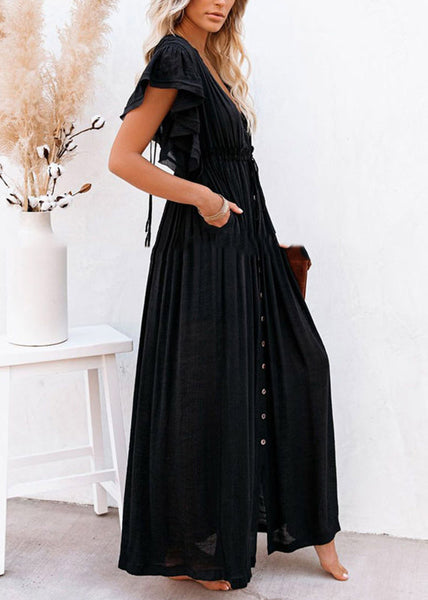 Black Patchwork Long Summer Dress Solid Ruffled FashionChic