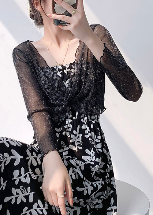 Black Ruffled Thin Tulle Top V Neck Summer Ada Fashion