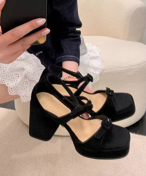 Black Sandals Chunky Heel Suede Comfy Hollow Out Sandals OI052 shoe-LX240801