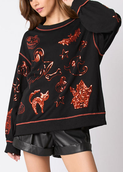 Black Sequins Cotton Sweatshirt O Neck Long Sleeve AE1039 OM-HW240901