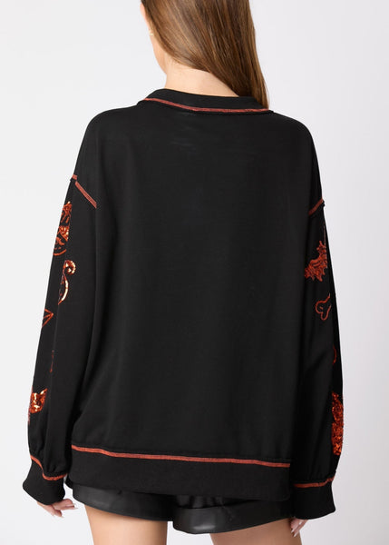 Black Sequins Cotton Sweatshirt O Neck Long Sleeve AE1039 OM-HW240901