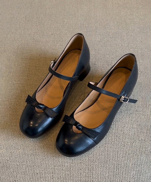 Chunky Sheepskin Strap Black Splicing Shoes Bow Buckle FashionChic