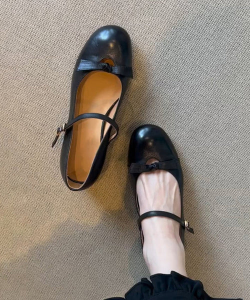 Chunky Sheepskin Strap Black Splicing Shoes Bow Buckle FashionChic