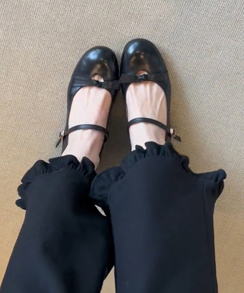 Chunky Sheepskin Strap Black Splicing Shoes Bow Buckle FashionChic