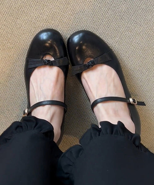 Chunky Sheepskin Strap Black Splicing Shoes Bow Buckle FashionChic