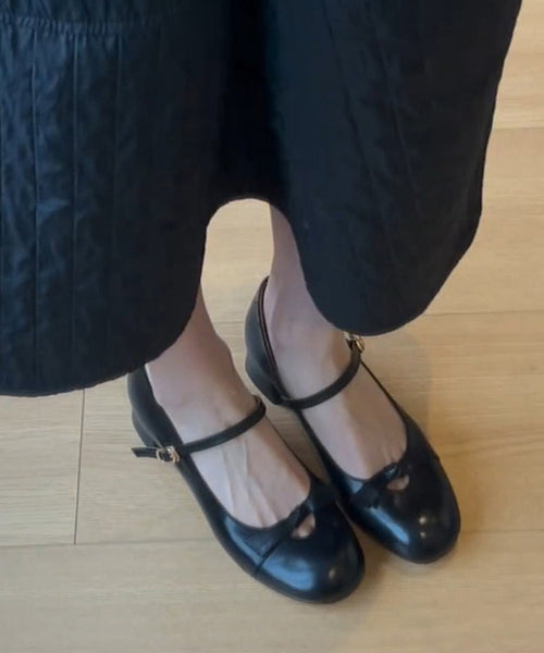 Chunky Sheepskin Strap Black Splicing Shoes Bow Buckle FashionChic