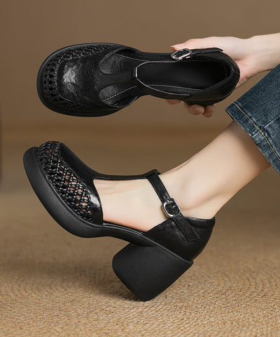 Sheepskin Out Strap Buckle Chunky Black Splicing Hollow Heel FashionChic