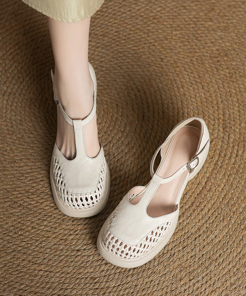 Sheepskin Out Strap Buckle Chunky Black Splicing Hollow Heel FashionChic