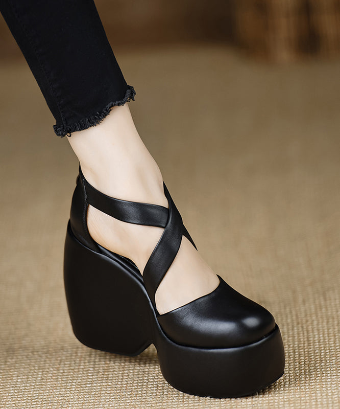 High Cross Sheepskin Black Strap Heels Wedge Splicing Stylish FashionChic
