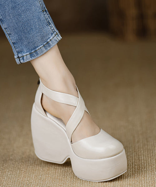 High Cross Sheepskin Black Strap Heels Wedge Splicing Stylish FashionChic