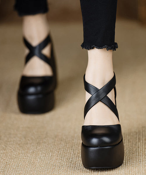 High Cross Sheepskin Black Strap Heels Wedge Splicing Stylish FashionChic