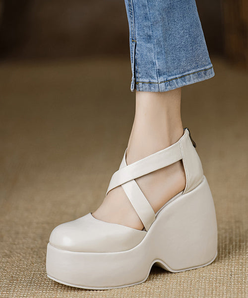 High Cross Sheepskin Black Strap Heels Wedge Splicing Stylish FashionChic