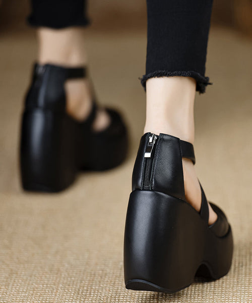 High Cross Sheepskin Black Strap Heels Wedge Splicing Stylish FashionChic