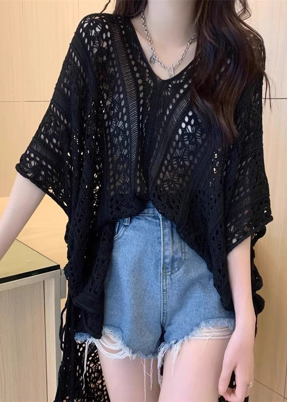 Open Cinched Summer Black Top Hollow Knit Out Side FashionChic