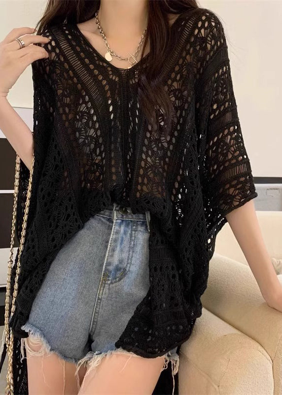 Open Summer Cinched Side Top Out Black Hollow Knit FashionChic