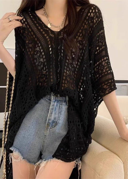 Open Cinched Summer Black Top Hollow Knit Out Side FashionChic