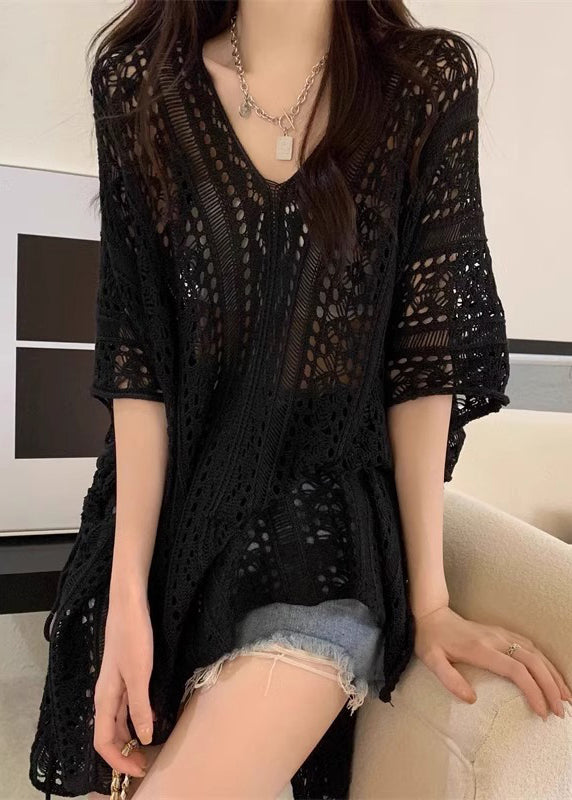 Open Cinched Summer Black Top Hollow Knit Out Side FashionChic