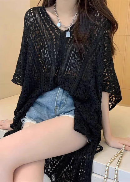 Open Cinched Summer Black Top Hollow Knit Out Side FashionChic