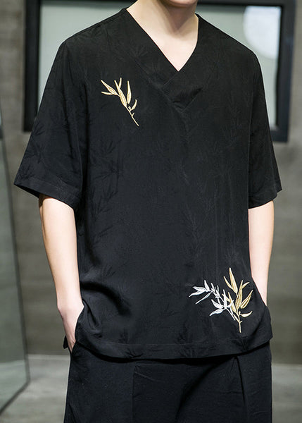 Black Side Open Cotton Men T Shirt V Neck Short Sleeve LK059 Men-Silk-MENT240630