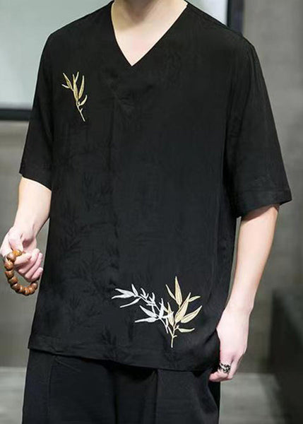 Black Side Open Cotton Men T Shirt V Neck Short Sleeve LK059 Men-Silk-MENT240630