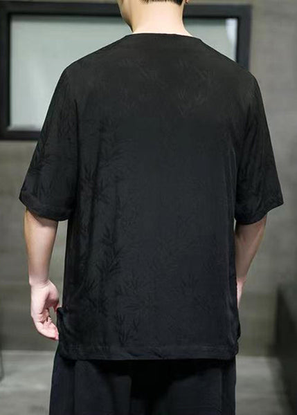 Black Side Open Cotton Men T Shirt V Neck Short Sleeve LK059 Men-Silk-MENT240630