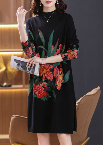 Black Side Open Cozy Wool Knit Dress Turtleneck Spring TB022