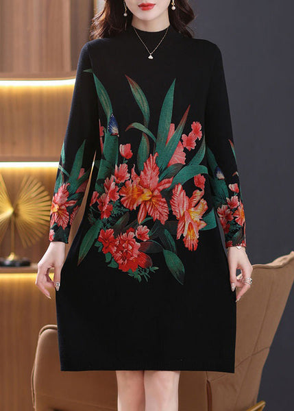 Black Side Open Cozy Wool Knit Dress Turtleneck Spring TB022