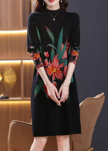 Black Side Open Cozy Wool Knit Dress Turtleneck Spring TB022