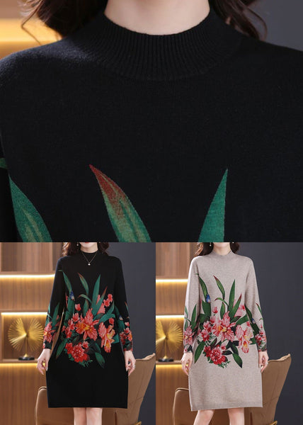 Black Side Open Cozy Wool Knit Dress Turtleneck Spring TB022