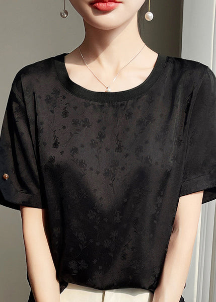 Neck Summer Shirts O Side Open Black Silk FashionChic
