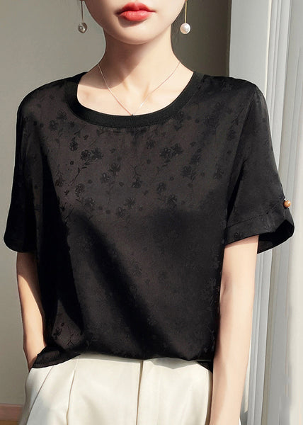 Neck Summer Shirts O Side Open Black Silk FashionChic
