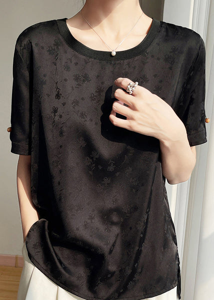 Neck Summer Shirts O Side Open Black Silk FashionChic