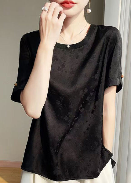 Neck Summer Shirts O Side Open Black Silk FashionChic