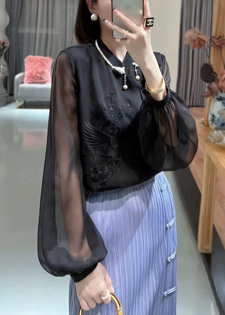 Black Solid Button Chiffon Blouses Stand Collar Lantern Sleeve Ada Fashion