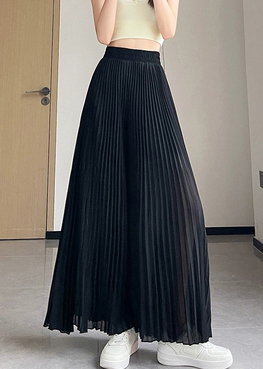 Chiffon Elastic Solid Pants Waist Leg Summer Wide Black FashionChic