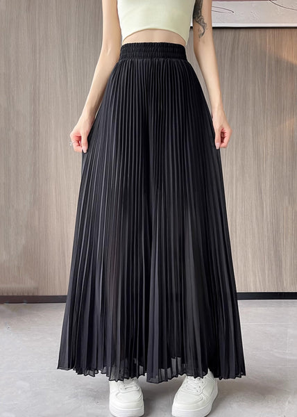 Chiffon Elastic Solid Pants Waist Leg Summer Wide Black FashionChic