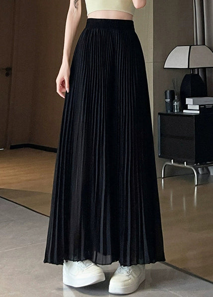 Chiffon Elastic Solid Pants Waist Leg Summer Wide Black FashionChic