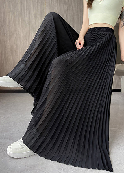 Chiffon Elastic Solid Pants Waist Leg Summer Wide Black FashionChic